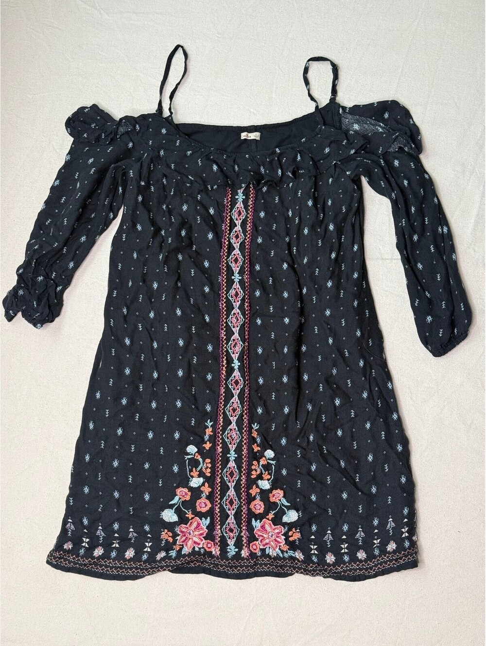 Hollister Black Embroidered Off Shoulder Boho Mini Dress Size S